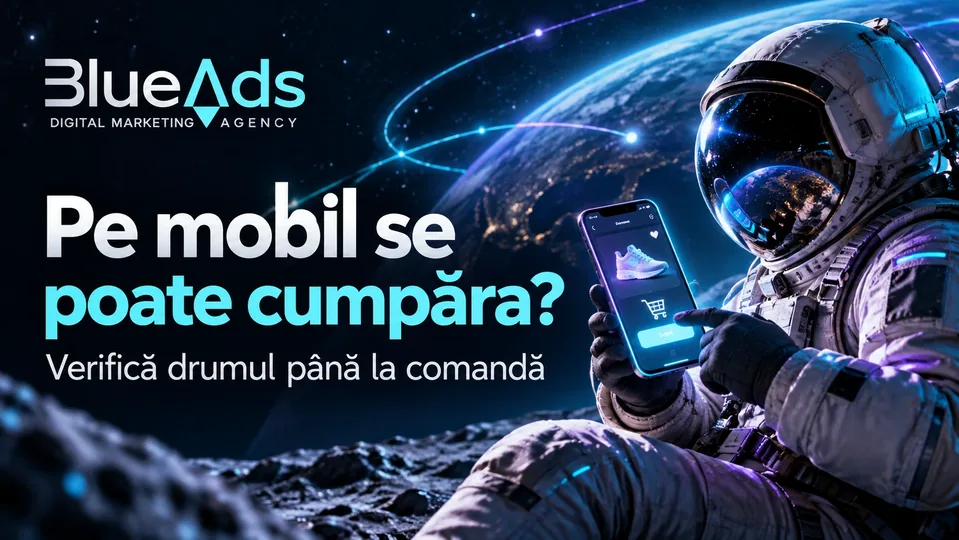 Pe mobil se poate cumpăra? Verifică drumul până la comandă Ilustrație cosmică BlueAds cu astronaut.