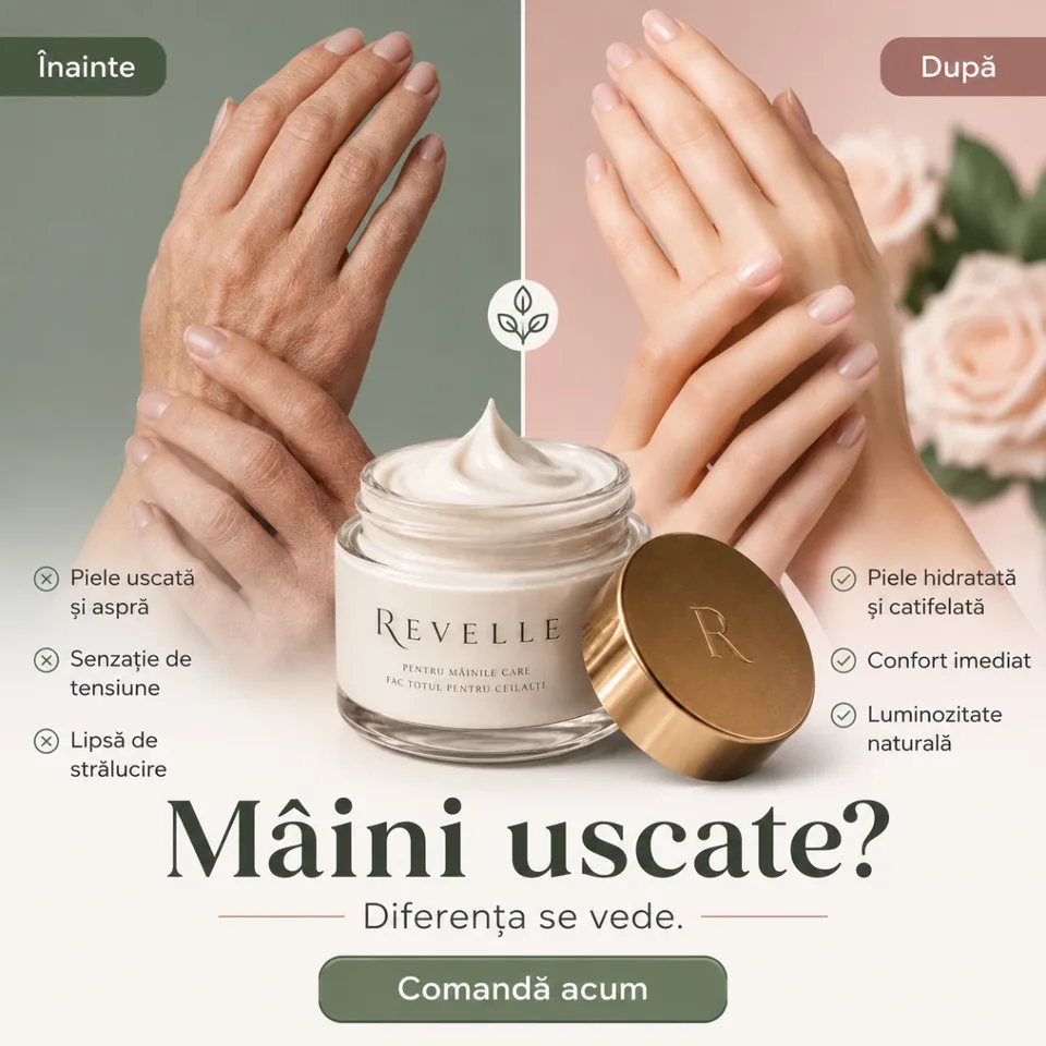 Reclamă cu imagini înainte și după pentru crema de mâini Revello
