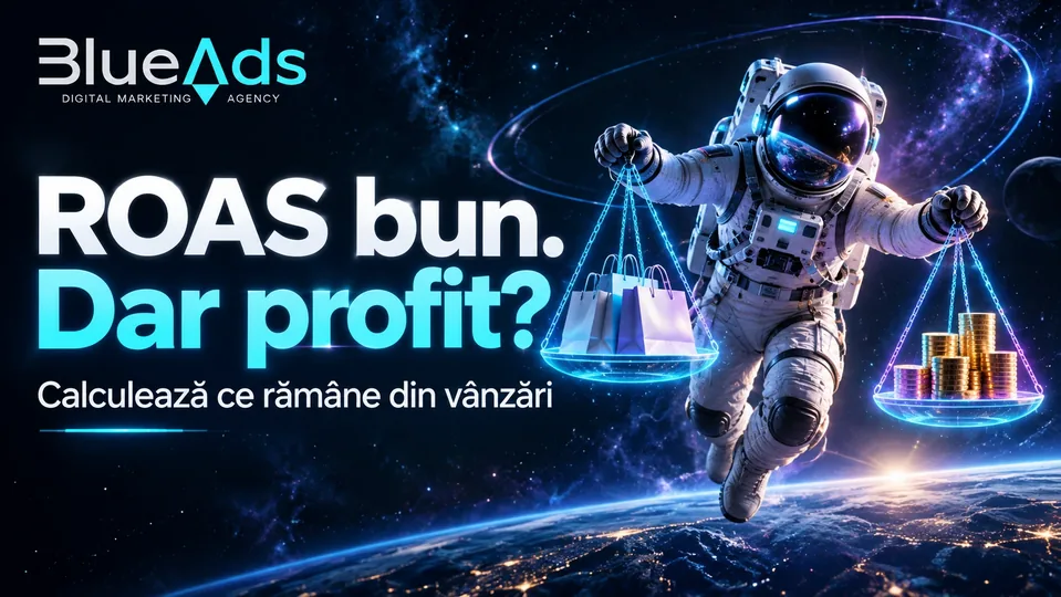 ROAS bun. Dar profit? Calculează ce rămâne din vânzări Ilustrație cosmică BlueAds cu astronaut.