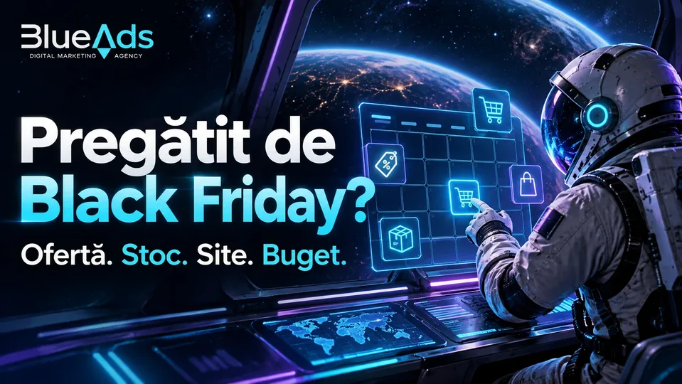 Pregătit de Black Friday? Ofertă. Stoc. Site. Buget. Ilustrație cosmică BlueAds cu astronaut.
