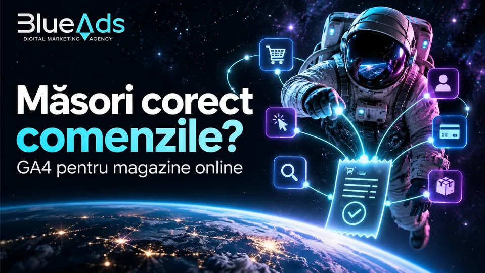 Măsori corect comenzile? GA4 pentru magazine online Ilustrație cosmică BlueAds cu astronaut.