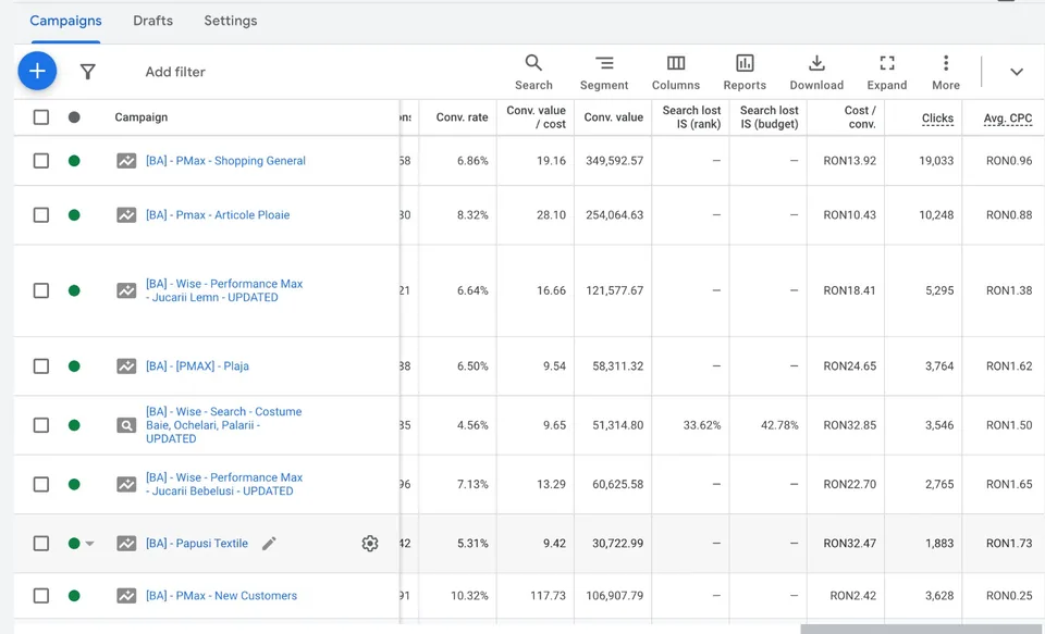 Vizualizare Campanii Google Ads