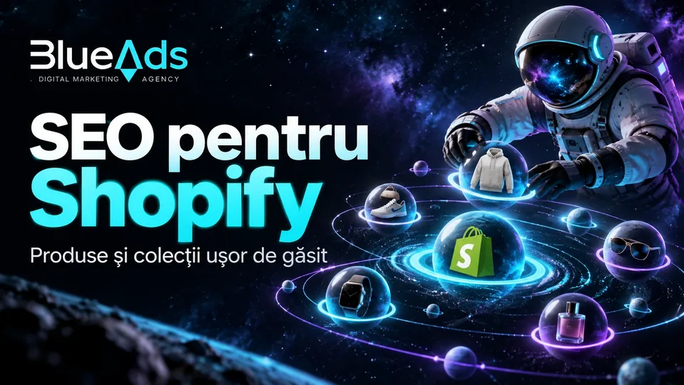 SEO pentru Shopify Produse și colecții ușor de găsit Ilustrație cosmică BlueAds cu astronaut.