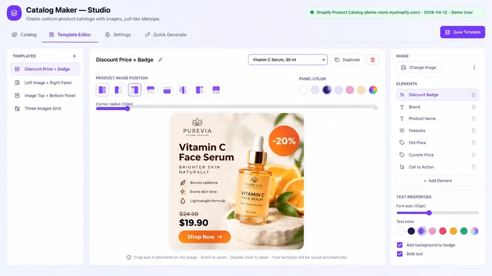 Editorul de șabloane Catalog Maker cu un design pătrat de produs